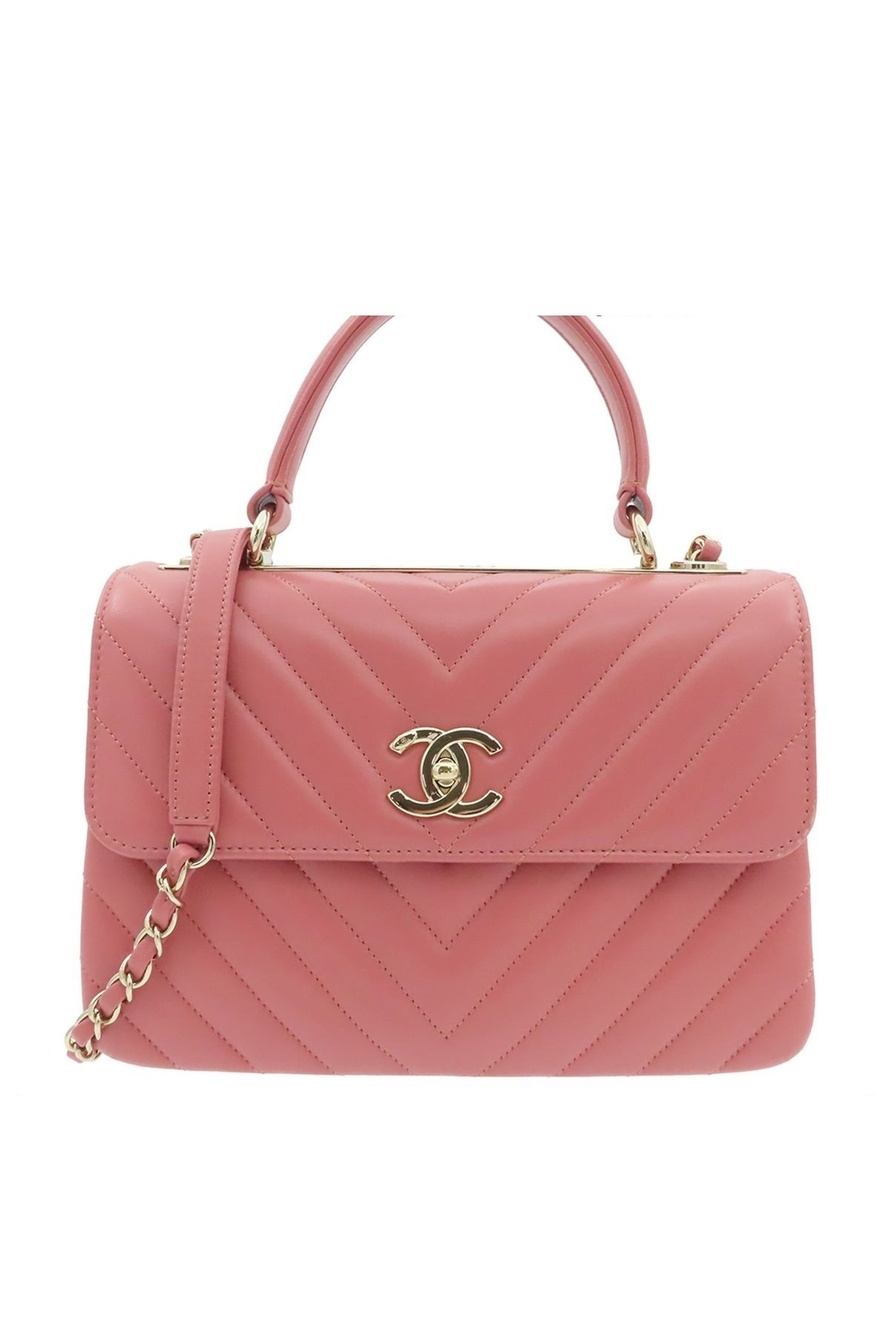 Chanel Trendy CC Top Handle Flap Bag Pink Gold Lambskin Chevron 2-Way Shoulder